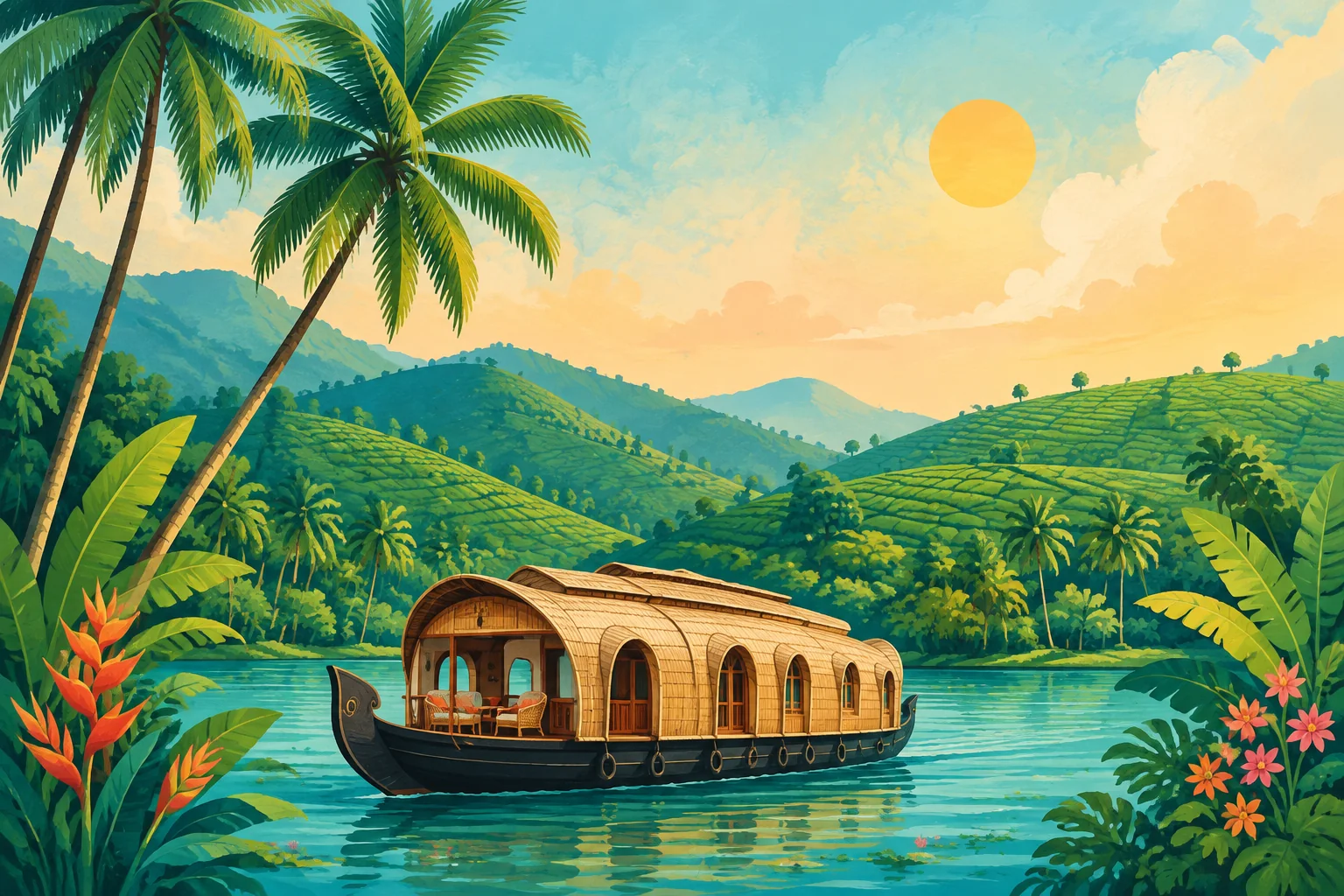 Colourful illustration of a Kerala houseboat, palms and green hills